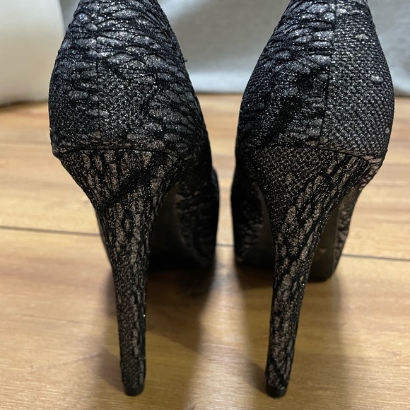 Pewter Gray Black Glitter Lace Almond Toe High Stiletto Heel Platform Pump Qupid - Picture 4 of 8